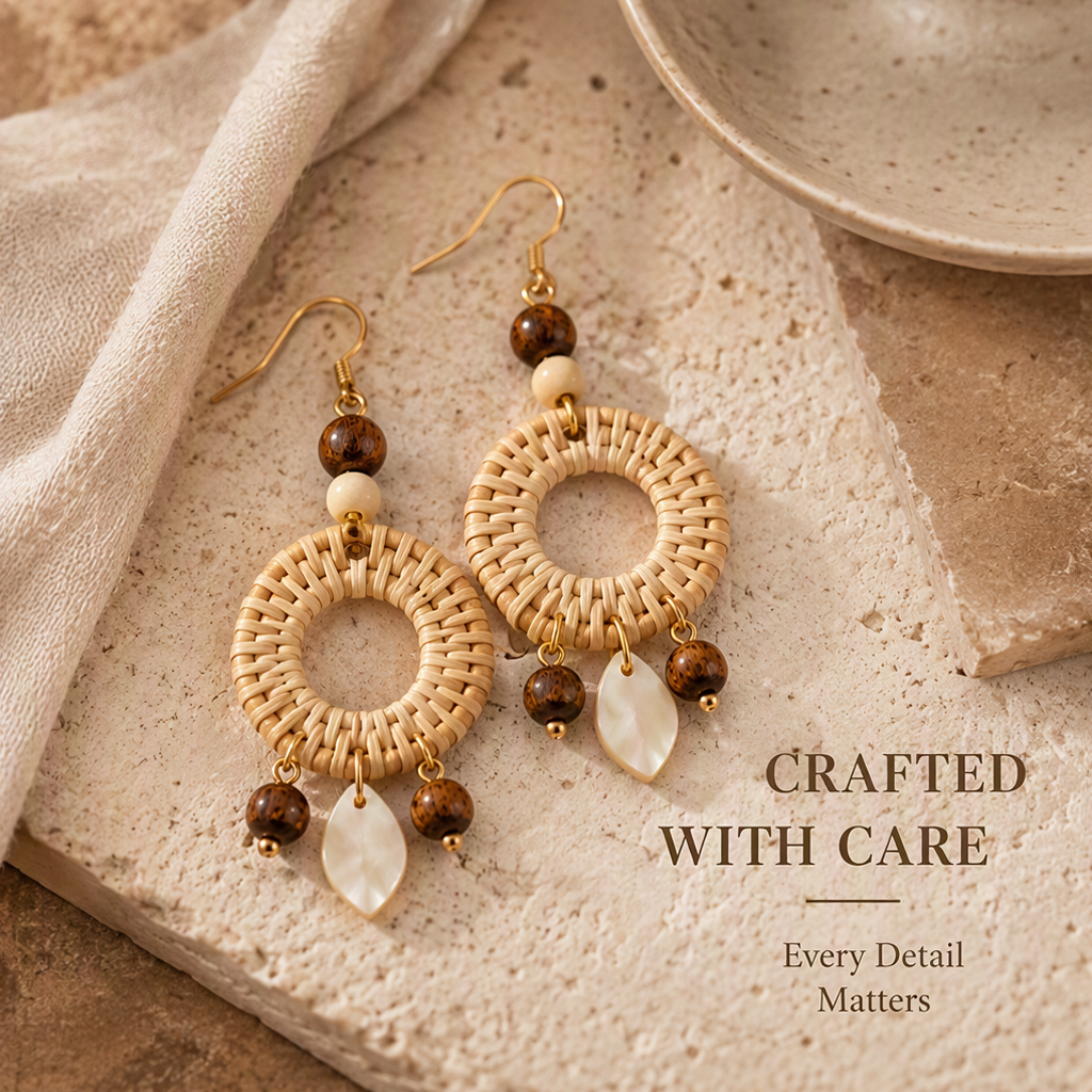 Boho Rattan Hoop Earrings – Handmade Woven Earrings with Natural Wood Details