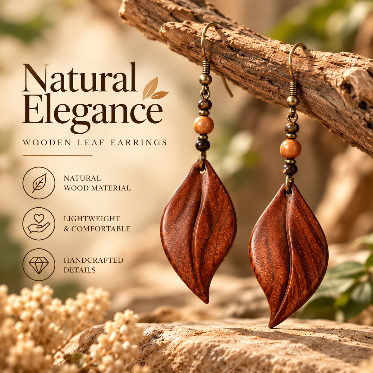 Natural Wooden Leaf Drop Earrings – Handcrafted Leaf Shape Earrings with Rustic Boho Style