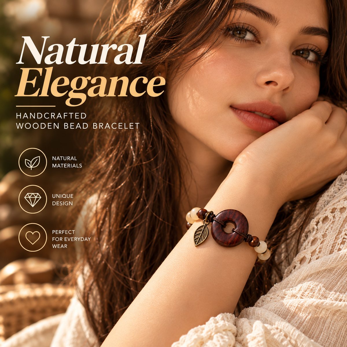 Natural Wooden Bead Bracelet – Handmade Boho Bracelet with Leaf Charm Design