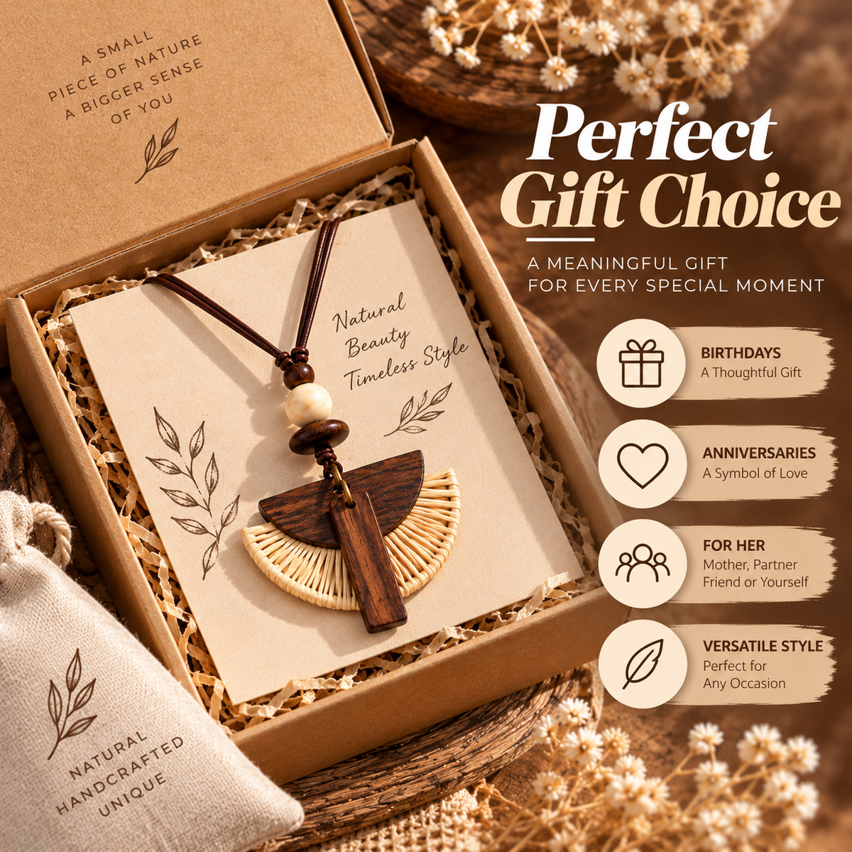 Boho Wooden Necklace – Handmade Rattan Pendant Necklace with Natural Style