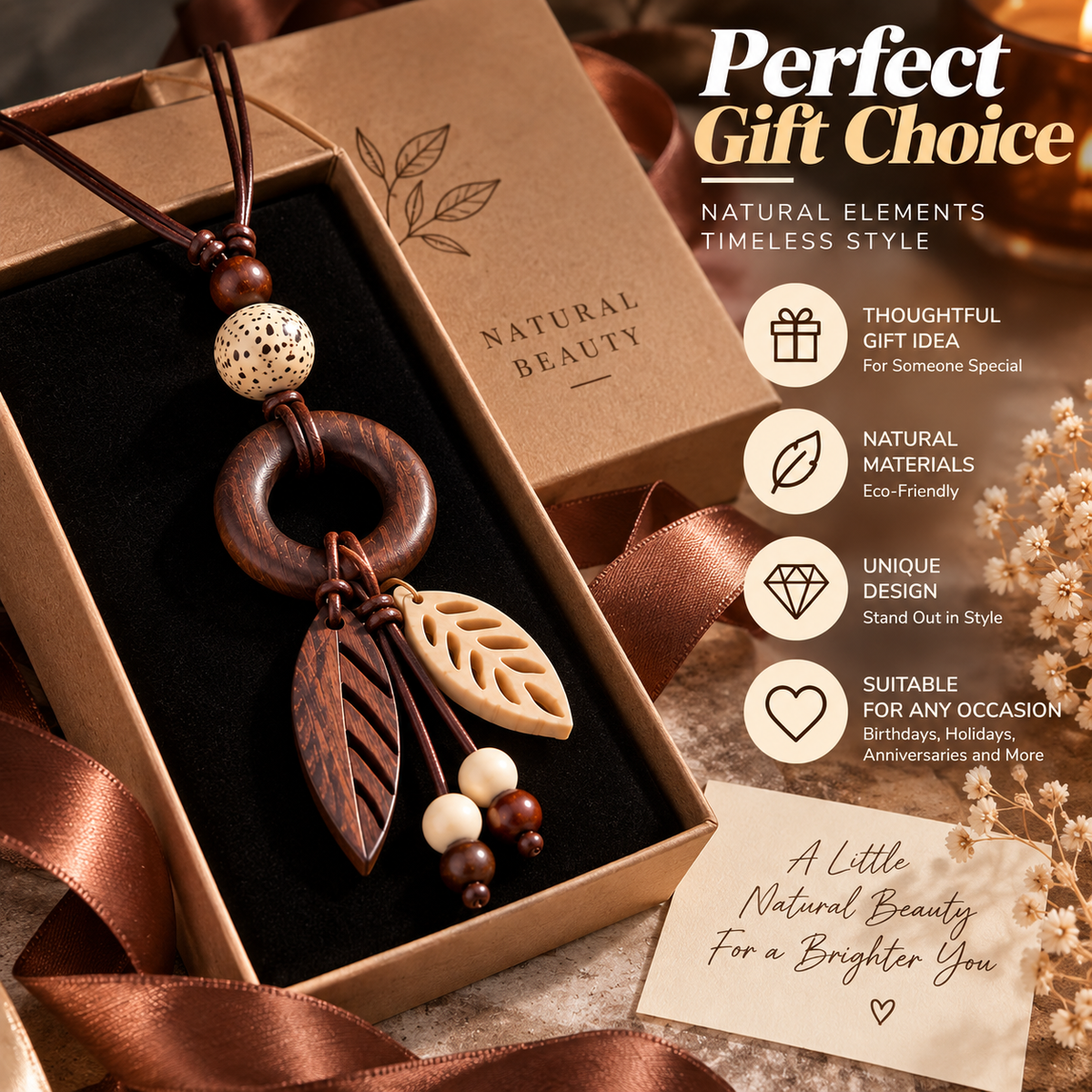 Boho Wooden Necklace – Handmade Leaf Pendant Necklace with Natural Bead Design
