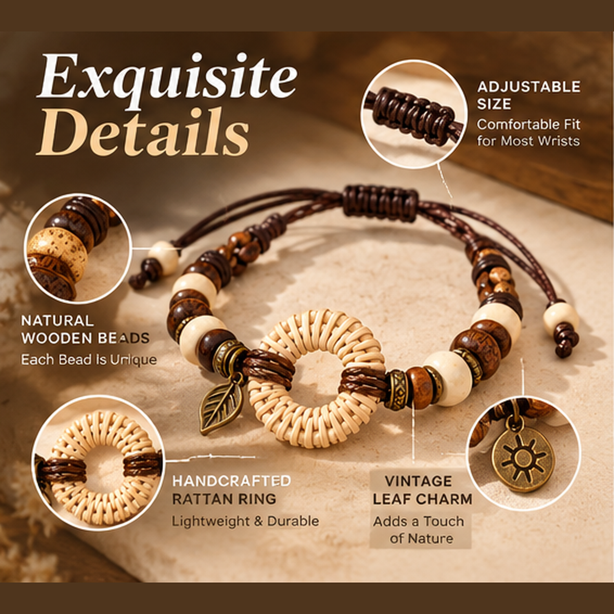 Handcrafted Wooden Bead Bracelet – Natural Rattan Ring Bracelet with Leaf Charm