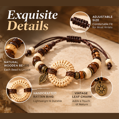Handcrafted Wooden Bead Bracelet – Natural Rattan Ring Bracelet with Leaf Charm