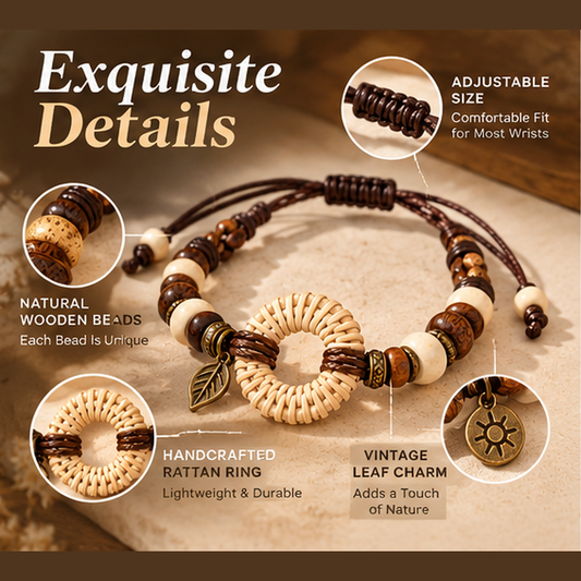 Handcrafted Wooden Bead Bracelet – Natural Rattan Ring Bracelet with Leaf Charm