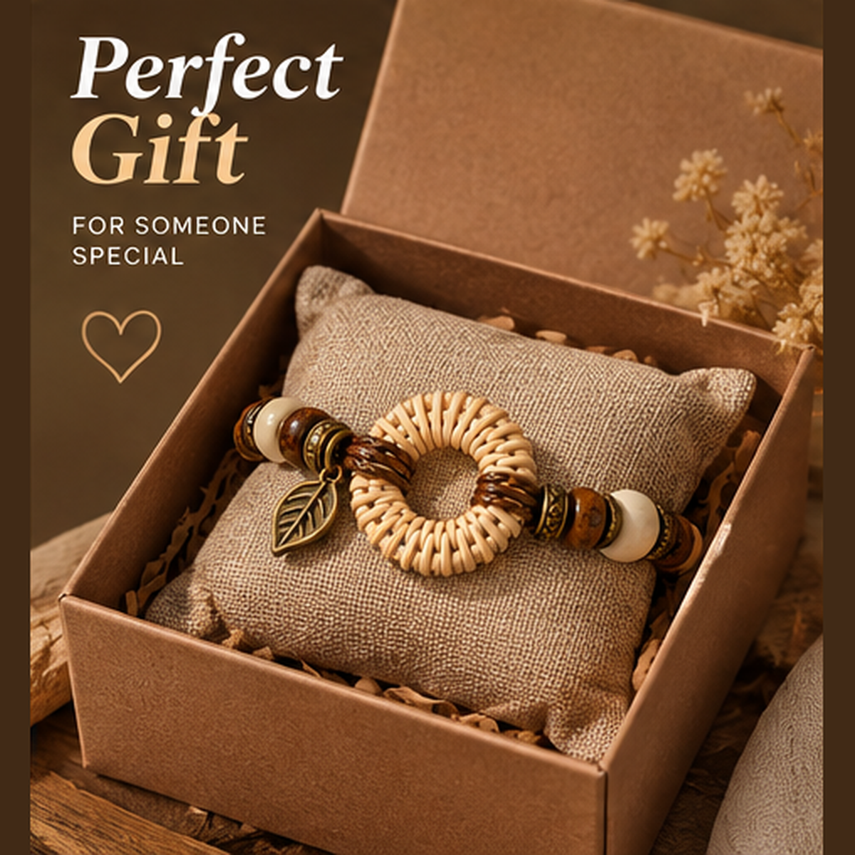 Handcrafted Wooden Bead Bracelet – Natural Rattan Ring Bracelet with Leaf Charm