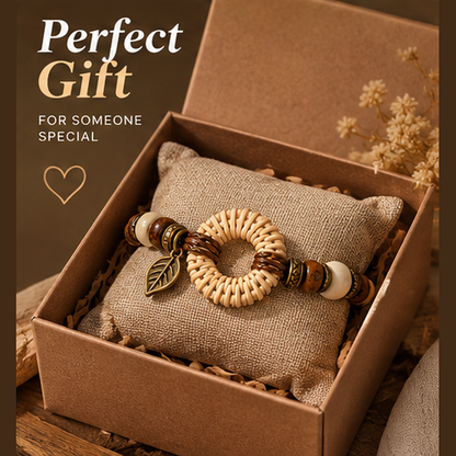 Handcrafted Wooden Bead Bracelet – Natural Rattan Ring Bracelet with Leaf Charm
