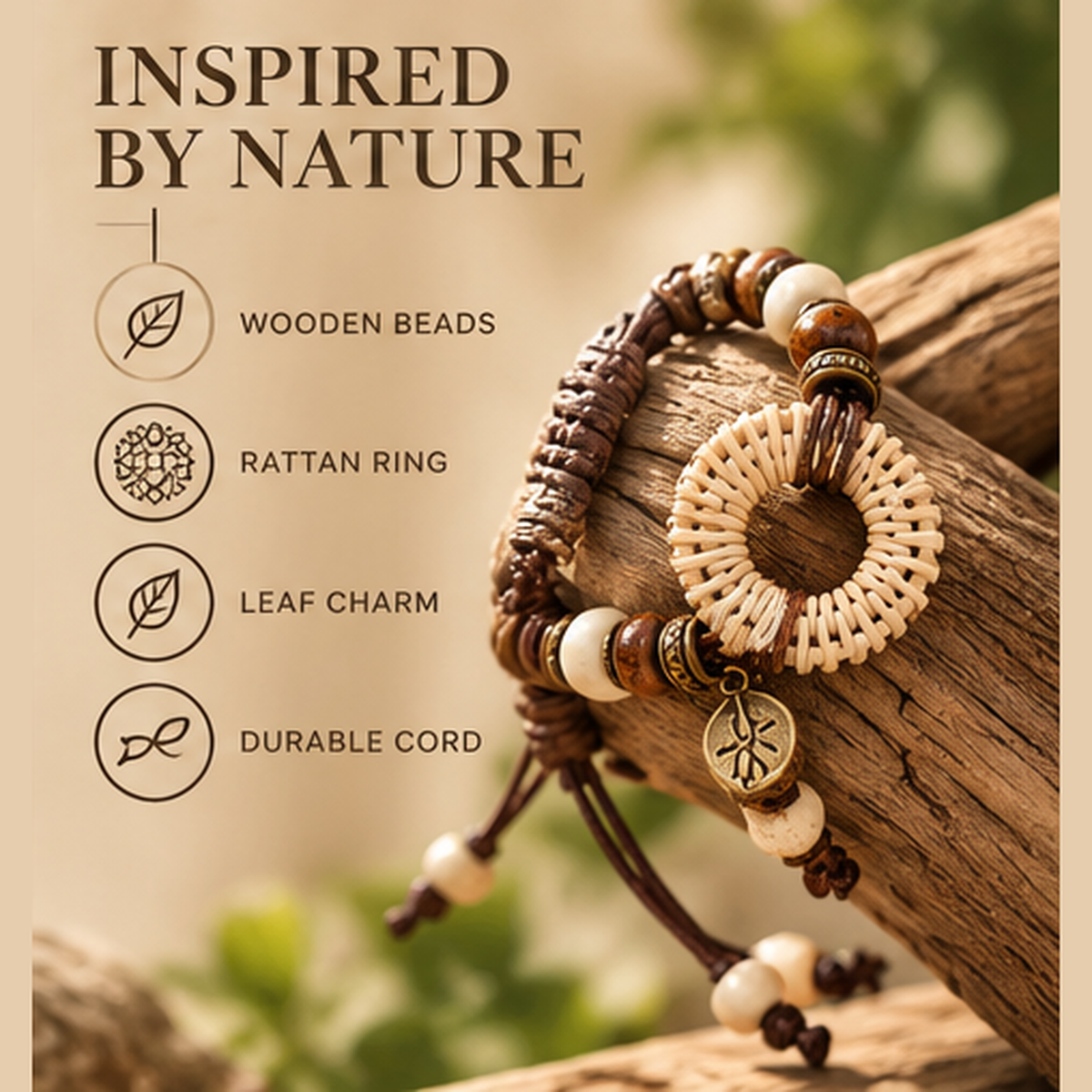 Handcrafted Wooden Bead Bracelet – Natural Rattan Ring Bracelet with Leaf Charm