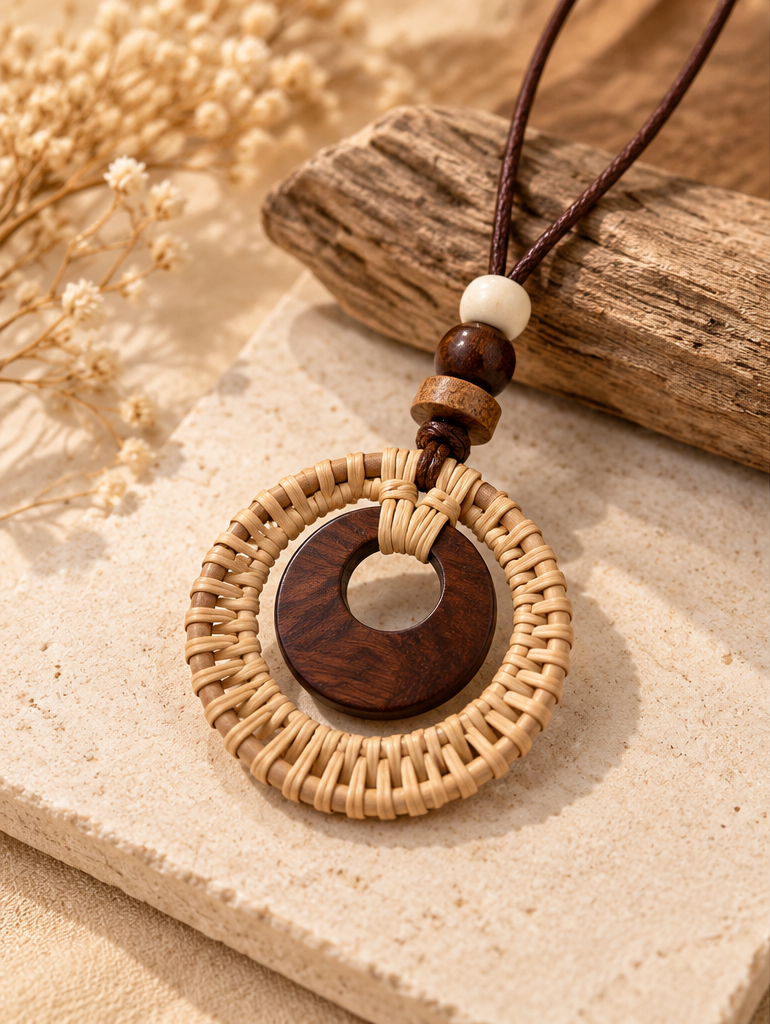Boho Rattan Necklace – Handmade Wooden Pendant Necklace with Natural Woven Design