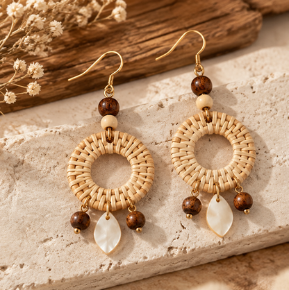 Boho Rattan Hoop Earrings – Handmade Woven Earrings with Natural Wood Details