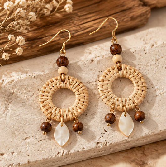Boho Rattan Hoop Earrings – Handmade Woven Earrings with Natural Wood Details