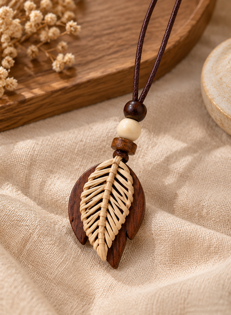 Boho Leaf Pendant Necklace – Handmade Wooden Necklace with Rattan Leaf Design