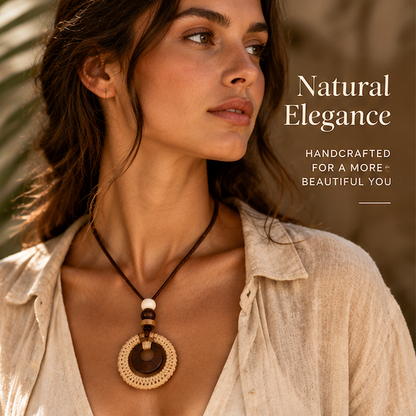 Boho Rattan Necklace – Handmade Wooden Pendant Necklace with Natural Woven Design