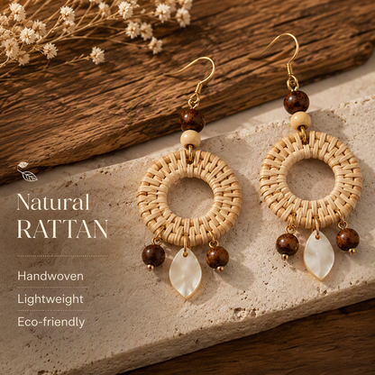 Boho Rattan Hoop Earrings – Handmade Woven Earrings with Natural Wood Details