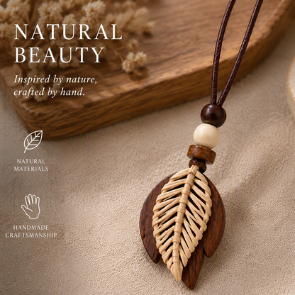 Boho Leaf Pendant Necklace – Handmade Wooden Necklace with Rattan Leaf Design
