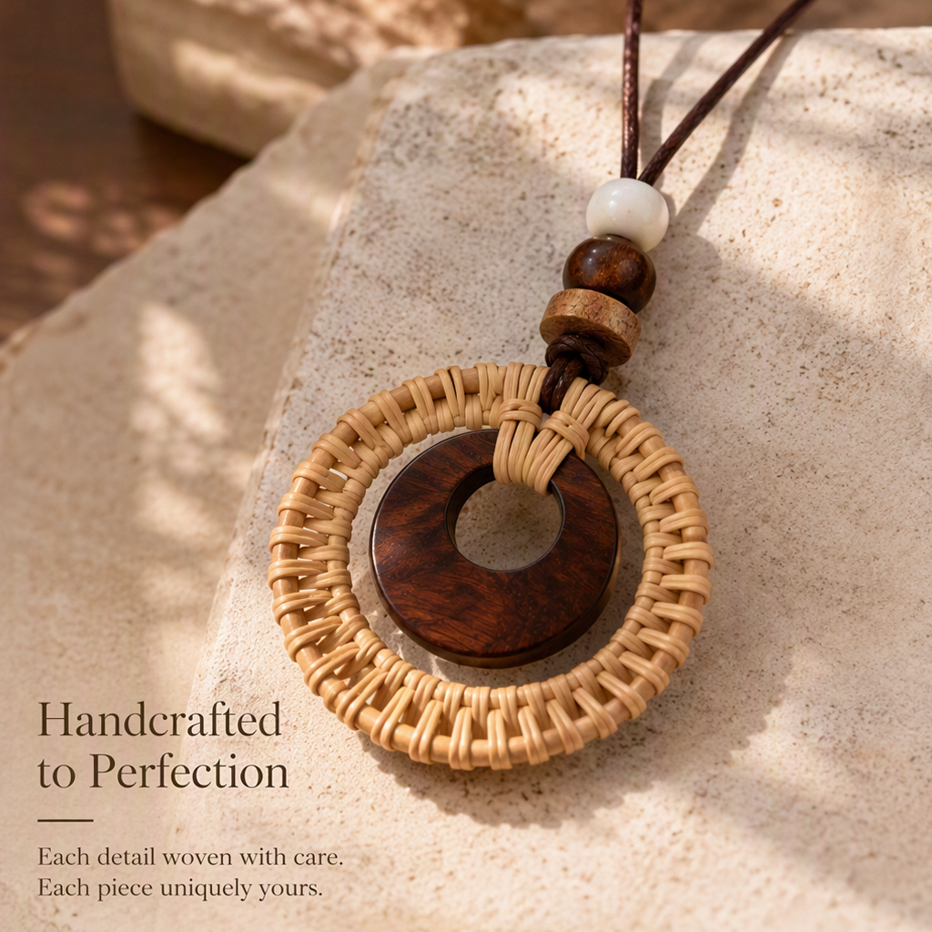 Boho Rattan Necklace – Handmade Wooden Pendant Necklace with Natural Woven Design