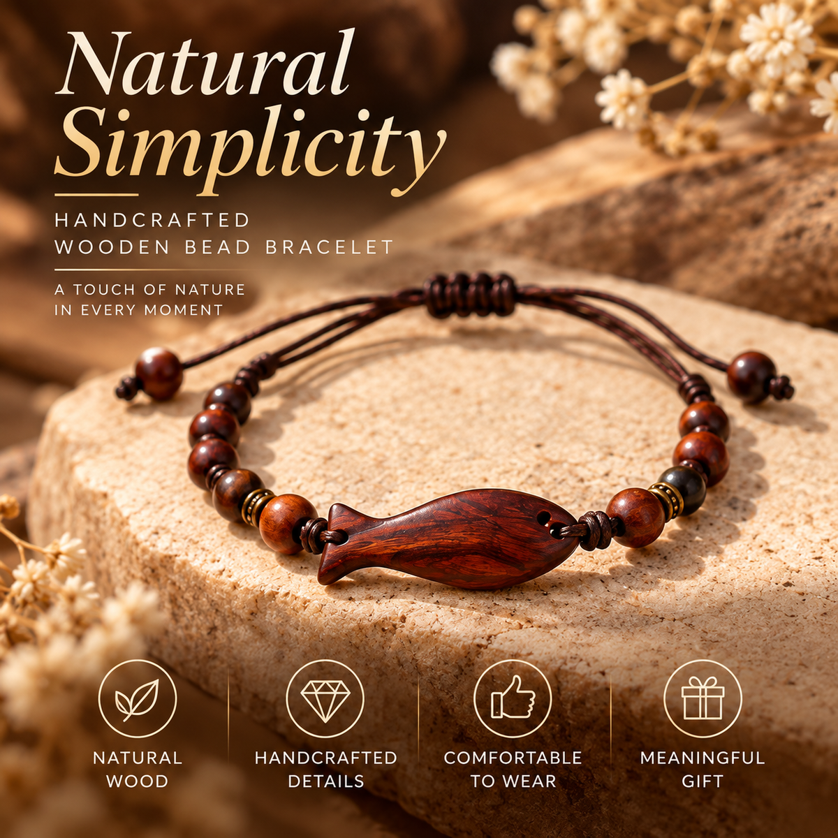 Handcrafted Wooden Fish Bracelet – Natural Wood Bead Bracelet with Boho Style