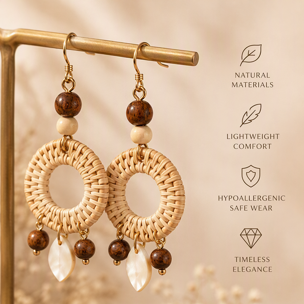 Boho Rattan Hoop Earrings – Handmade Woven Earrings with Natural Wood Details