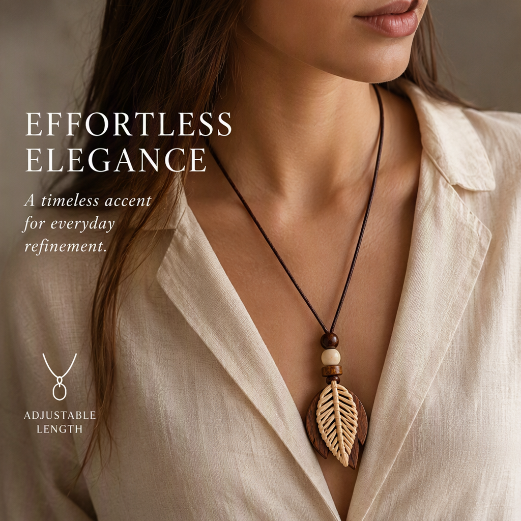Boho Leaf Pendant Necklace – Handmade Wooden Necklace with Rattan Leaf Design