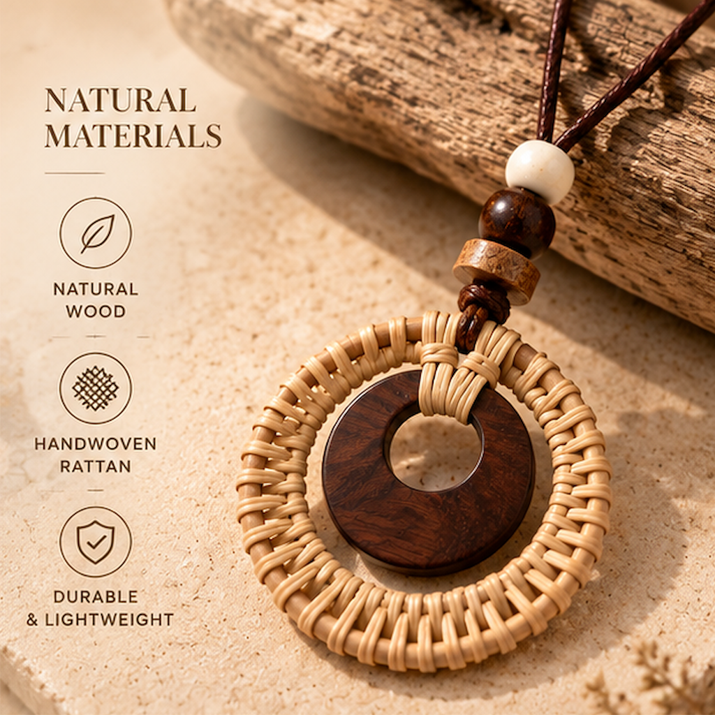 Boho Rattan Necklace – Handmade Wooden Pendant Necklace with Natural Woven Design