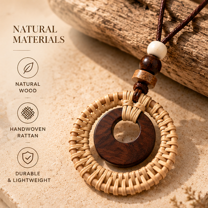 Boho Rattan Necklace – Handmade Wooden Pendant Necklace with Natural Woven Design