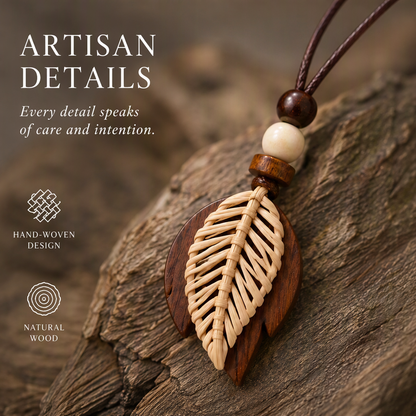 Boho Leaf Pendant Necklace – Handmade Wooden Necklace with Rattan Leaf Design