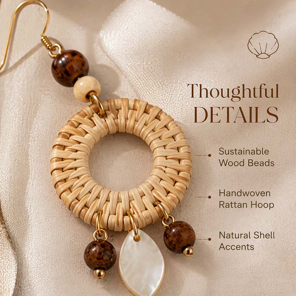 Boho Rattan Hoop Earrings – Handmade Woven Earrings with Natural Wood Details