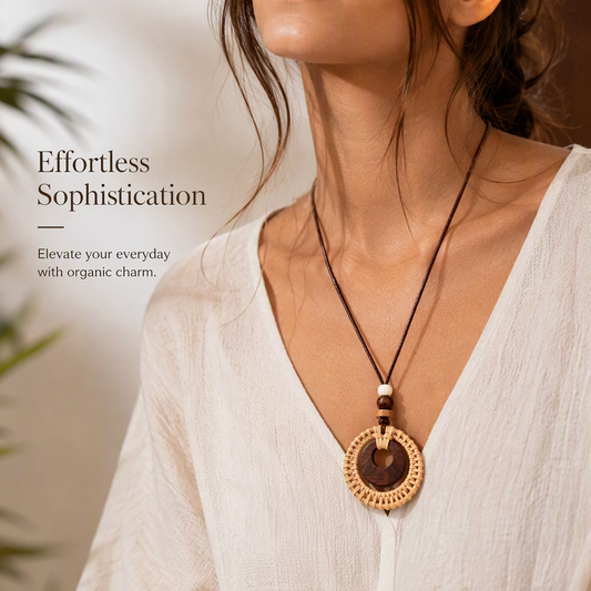 Boho Rattan Necklace – Handmade Wooden Pendant Necklace with Natural Woven Design