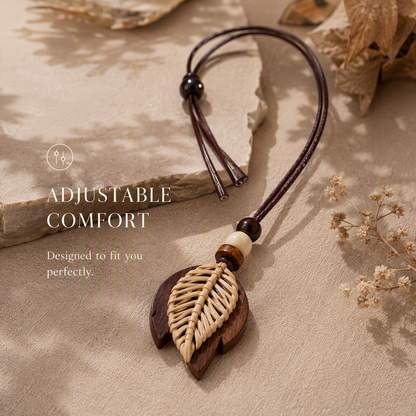 Boho Leaf Pendant Necklace – Handmade Wooden Necklace with Rattan Leaf Design
