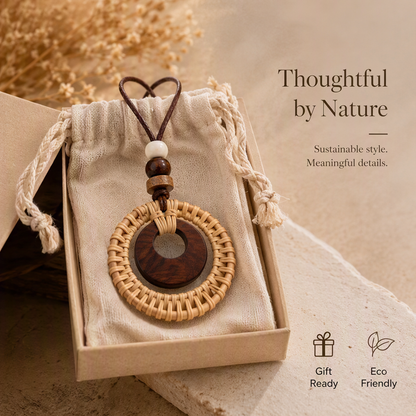 Boho Rattan Necklace – Handmade Wooden Pendant Necklace with Natural Woven Design