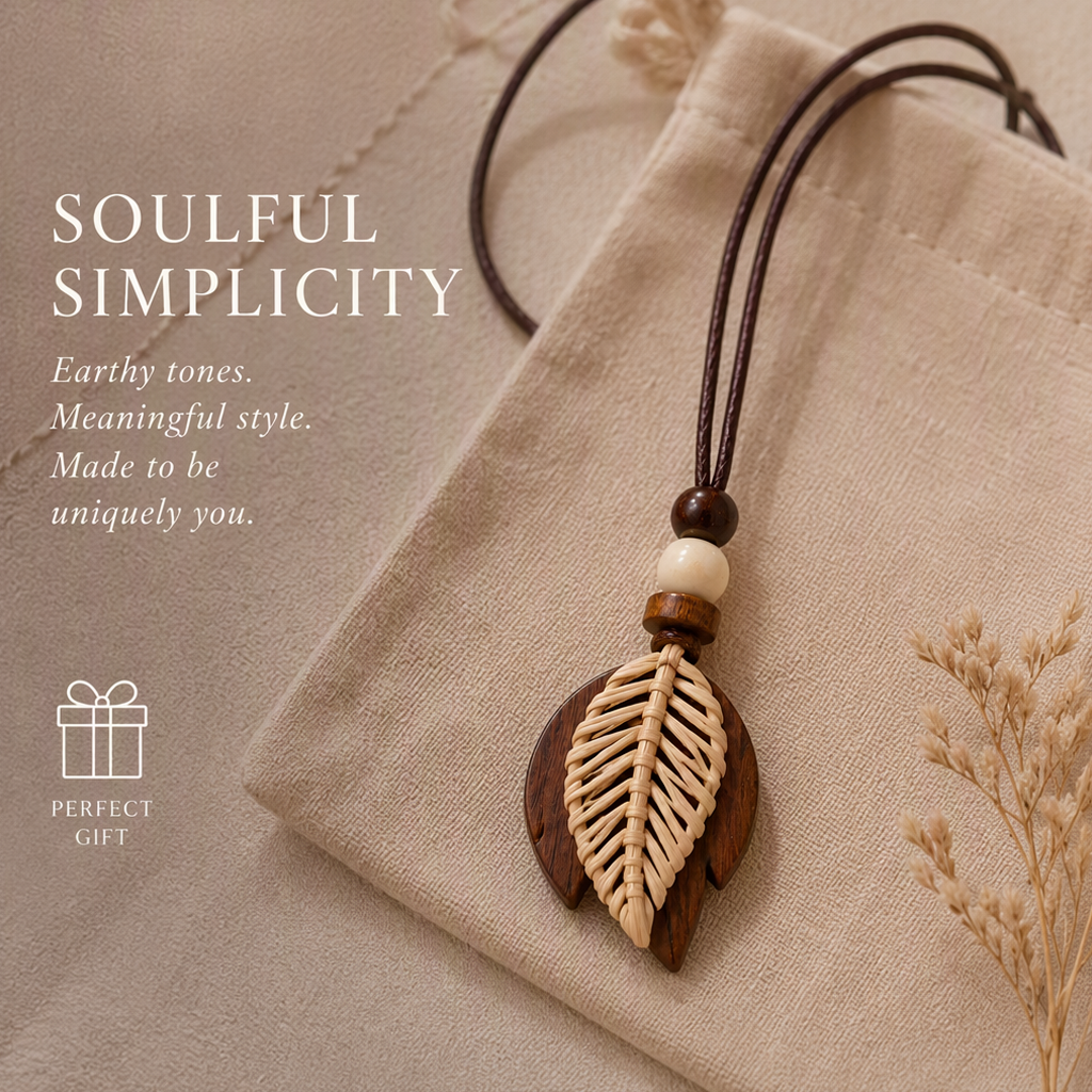 Boho Leaf Pendant Necklace – Handmade Wooden Necklace with Rattan Leaf Design