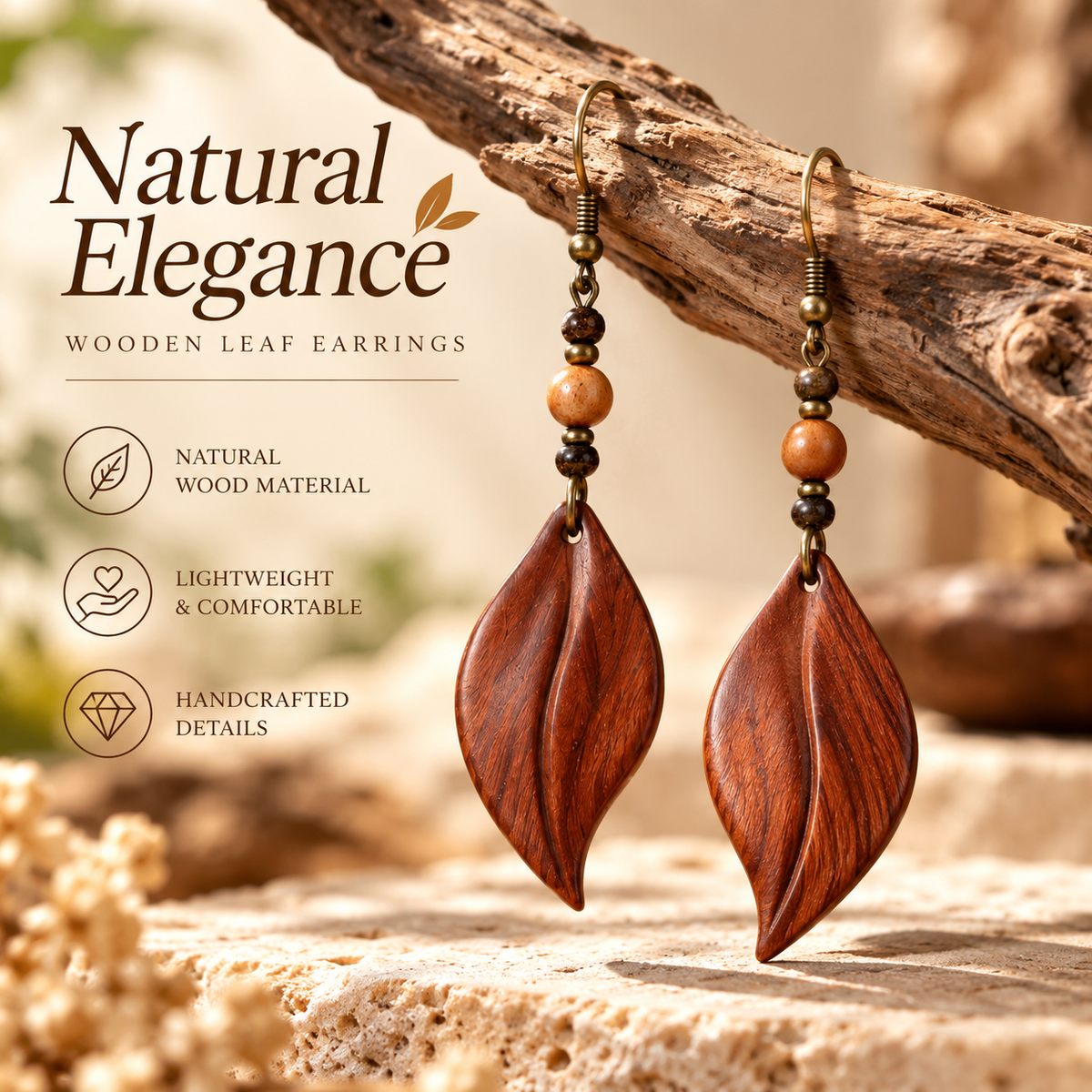 Natural Wooden Leaf Drop Earrings – Handcrafted Leaf Shape Earrings with Rustic Boho Style