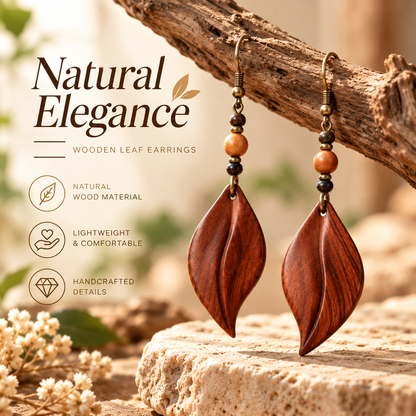 Natural Wooden Leaf Drop Earrings – Handcrafted Leaf Shape Earrings with Rustic Boho Style