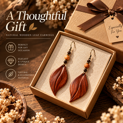 Natural Wooden Leaf Drop Earrings – Handcrafted Leaf Shape Earrings with Rustic Boho Style