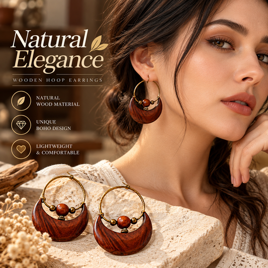 Natural Wooden Hoop Earrings – Handcrafted Boho Wood Earrings with Unique Round Design