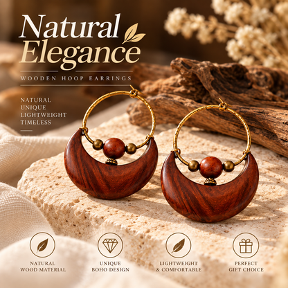 Natural Wooden Hoop Earrings – Handcrafted Boho Wood Earrings with Unique Round Design