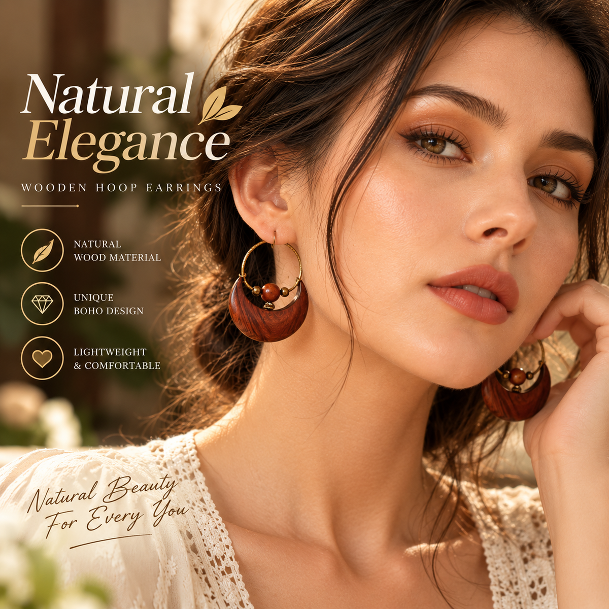 Natural Wooden Hoop Earrings – Handcrafted Boho Wood Earrings with Unique Round Design