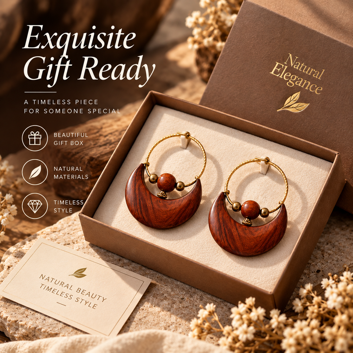Natural Wooden Hoop Earrings – Handcrafted Boho Wood Earrings with Unique Round Design