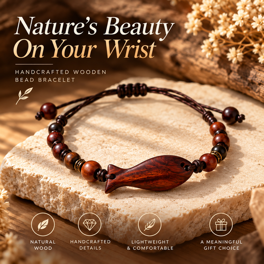 Handcrafted Wooden Fish Bracelet – Natural Wood Bead Bracelet with Boho Style