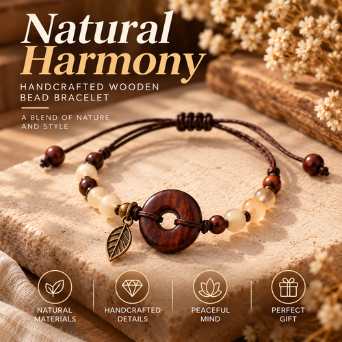 Natural Wooden Bead Bracelet – Handmade Boho Bracelet with Leaf Charm Design