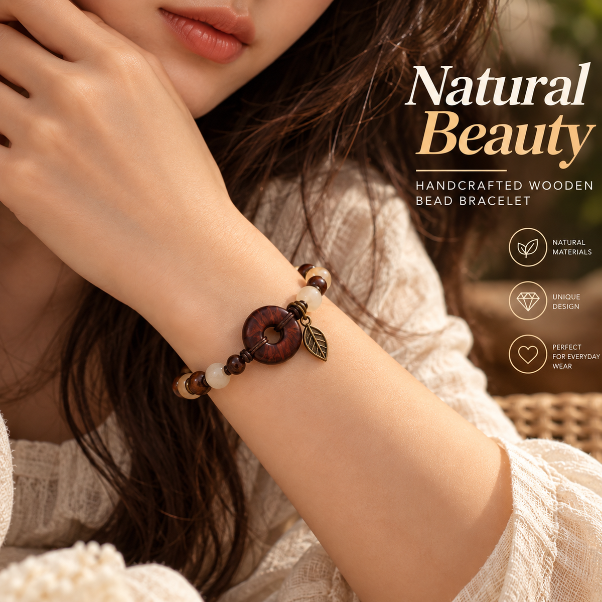 Natural Wooden Bead Bracelet – Handmade Boho Bracelet with Leaf Charm Design