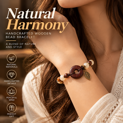 Natural Wooden Bead Bracelet – Handmade Boho Bracelet with Leaf Charm Design