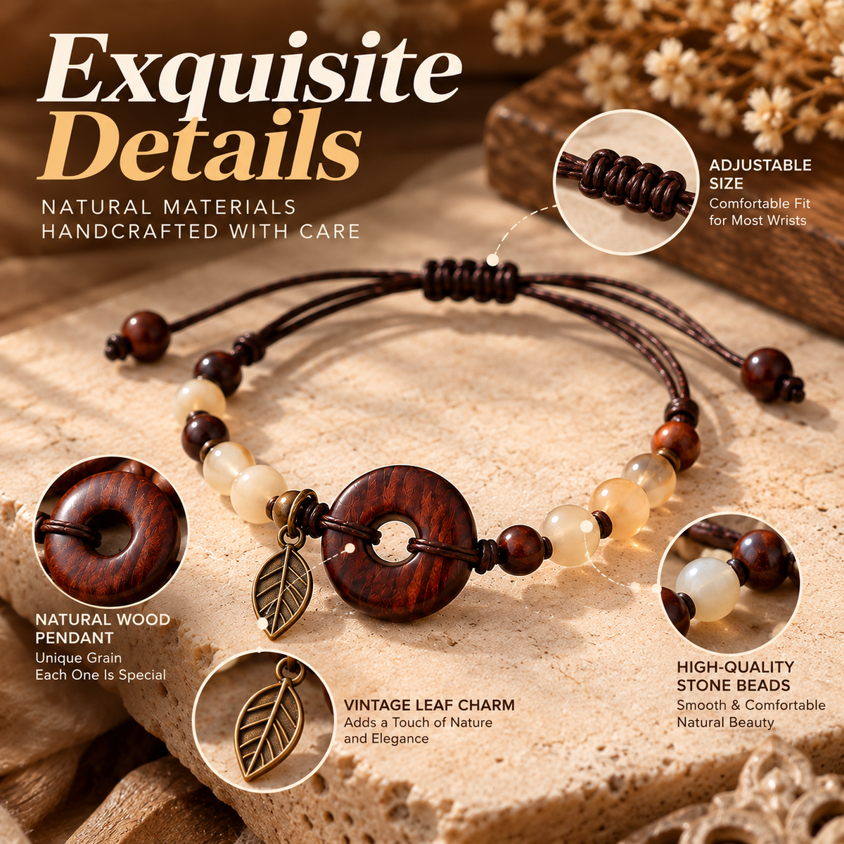 Natural Wooden Bead Bracelet – Handmade Boho Bracelet with Leaf Charm Design