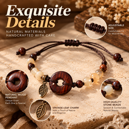 Natural Wooden Bead Bracelet – Handmade Boho Bracelet with Leaf Charm Design
