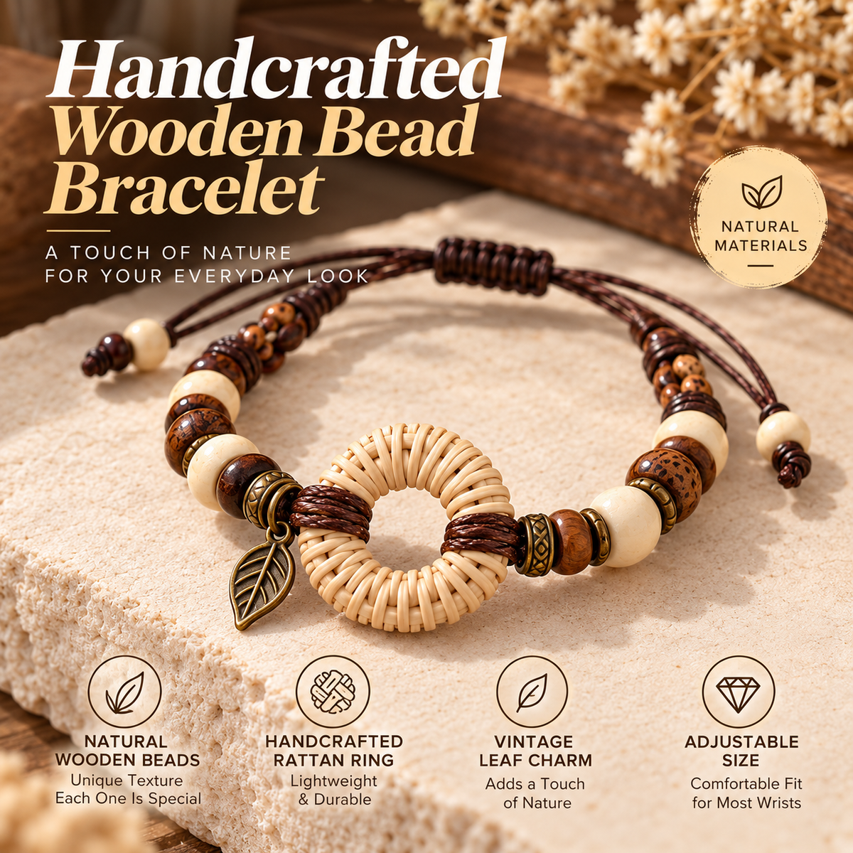 Handcrafted Wooden Bead Bracelet – Natural Rattan Ring Bracelet with Leaf Charm