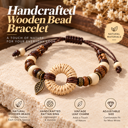Handcrafted Wooden Bead Bracelet – Natural Rattan Ring Bracelet with Leaf Charm