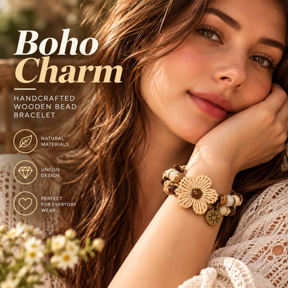Boho Wooden Bead Bracelet – Handmade Rattan Flower Bracelet with Natural Charm