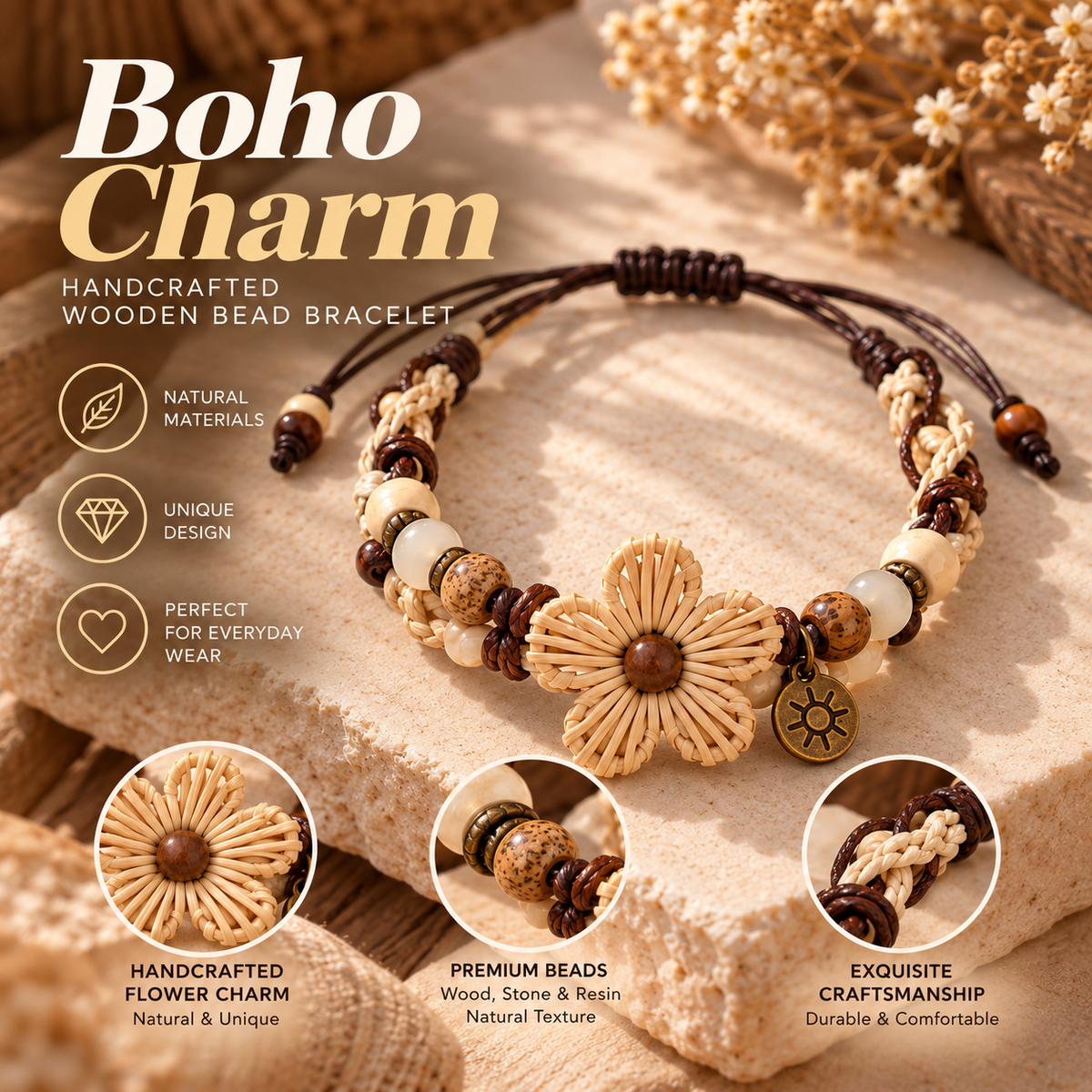 Boho Wooden Bead Bracelet – Handmade Rattan Flower Bracelet with Natural Charm