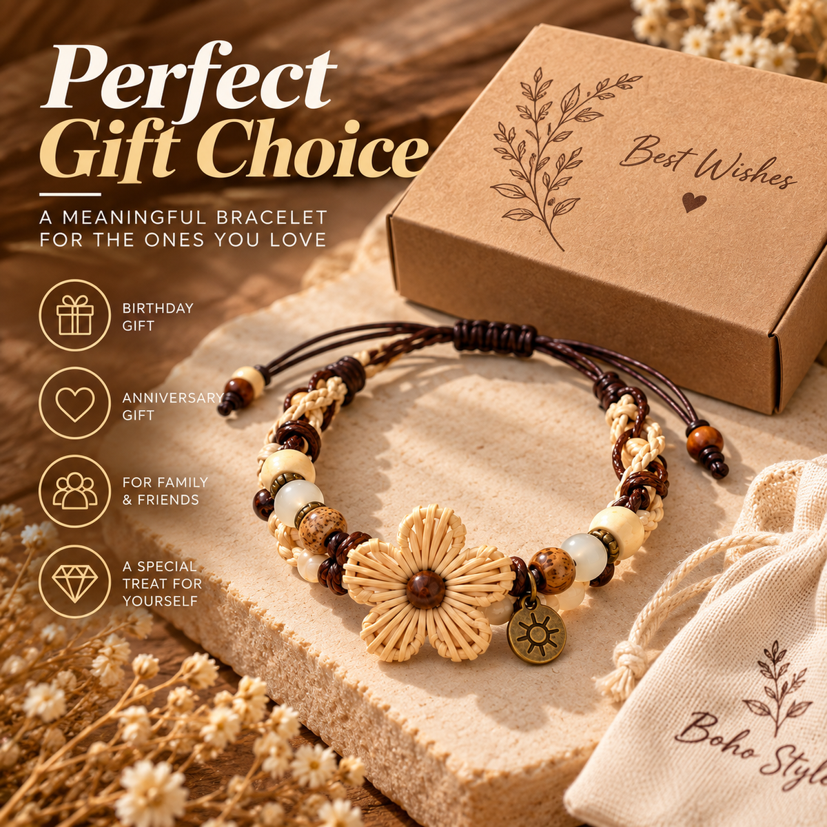 Boho Wooden Bead Bracelet – Handmade Rattan Flower Bracelet with Natural Charm