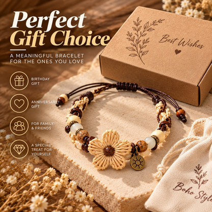 Boho Wooden Bead Bracelet – Handmade Rattan Flower Bracelet with Natural Charm