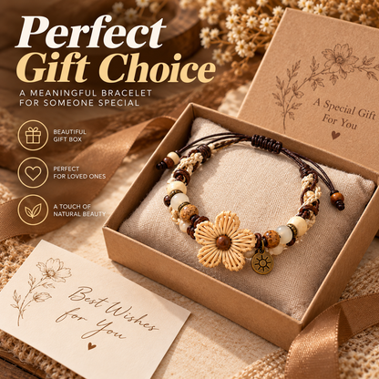 Boho Wooden Bead Bracelet – Handmade Rattan Flower Bracelet with Natural Charm
